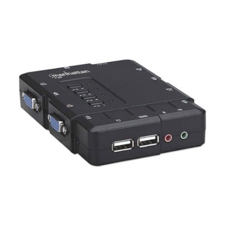 Switch KVM Manhattan Compacto 4 Puertos Desktop USB 4:1 Cables+Audio Color Negro