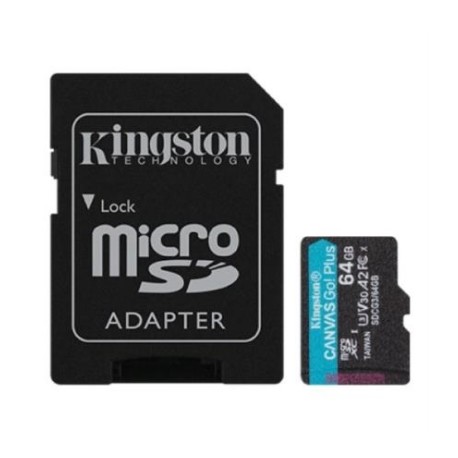 Memoria Kingston Micro SDXC Canvas Go Plus 64GB UHS-I U3 V30 A2 Clase 10 C/Adaptador