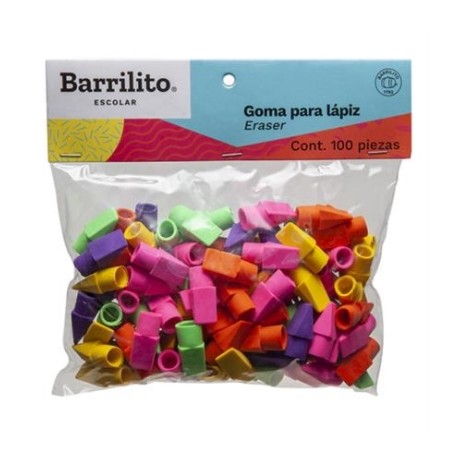 Goma Barrilito para Lápiz Colores Surtidos Bolsa C/100 Pzas