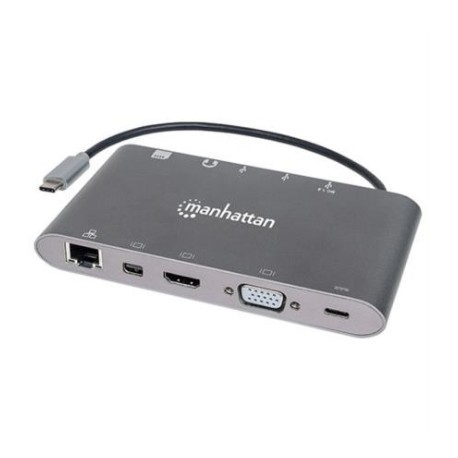 Estación Docking Manhattan USB-C a HDMI/DPmini/SVGA/RJ45/3.5mm Super Velocidad Color Gris